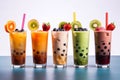 Variety of fruit cocktails, popular bubble tea, chocolate fruit flavor