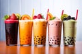 Variety of fruit cocktails, popular bubble tea, chocolate fruit flavor