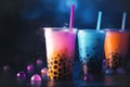 Variety of fruit cocktails, popular bubble tea, chocolate fruit flavor. Trendy Asian summer drinks Royalty Free Stock Photo