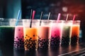 Variety of fruit cocktails, popular bubble tea, chocolate fruit flavor. Trendy Asian summer drinks Royalty Free Stock Photo