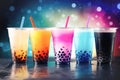 Variety of fruit cocktails, popular bubble tea, chocolate fruit flavor. Trendy Asian summer drinks