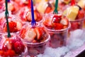 Variety of fruit salad in La Boqueria market in Barcelona. Royalty Free Stock Photo