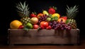 Variety fruite in the wooden box on black background