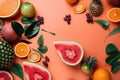 a variety of fruits are arranged on a pink surface with leaves and oranges on the side of the image and a pineapple on the top of