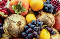 Variety of fruits closeup,pomegranate,grapes,banana,persimmon..