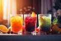 Variety of fruits juices in glasses on a table. Background with copy space. Well-being, balanced diet nutrient-rich and vitamins.