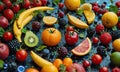 A variety of fruits are laid out on a table, including oranges, bananas, kiwi, strawberries, raspberries, and blackberri Royalty Free Stock Photo