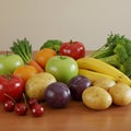 A variety of fruits and vegetables are displayed on a wooden table. Visible items