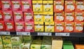 Variety of fruity Twinings Tea 20g packs Berries, Ginger & Apple, Lemon on display in grocery store