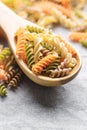 A variety of fusilli pasta made from different types of legumes, green and red lentils, mung beans and chickpeas. Gluten-free