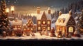 a variety of gingerbread houses and figures on the wooden table, with Christmas decorations hanging above, giving it a