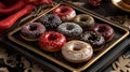 A Variety of Glazed and Sprinkled Donuts on a Black Tray Royalty Free Stock Photo