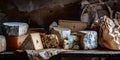 Assorted artisinal cheeses on a rustic wooden shelf. gourmet food still life. perfect for culinary backgrounds. . AI