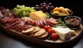 Variety of gourmet cheeses and meats on rustic wooden plate generated by AI Royalty Free Stock Photo