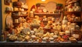 Variety of gourmet cheeses on wooden shelf in French delicatessen generated by AI Royalty Free Stock Photo