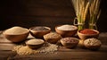 Variety of grains in bowls, wheat, rye, spelt and corn Royalty Free Stock Photo