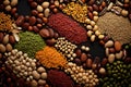Variety of grains and legumes as a background, top view, A collage made of various organic grains and legumes, AI Generated Royalty Free Stock Photo