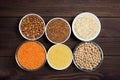 Variety of grains red lentils, basmati rice, buckwheat, chickpeas, millet in plates. organic healthy cereals. on a wooden Royalty Free Stock Photo