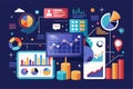 A variety of graphs, charts, and data visuals are used to analyze current trends in statistics, Analyzing current data trends Royalty Free Stock Photo