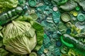 A variety of green vegetables and plastic bottles are laid out on a tabletop Royalty Free Stock Photo