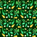 Variety of green and yellow zucchini watercolor illustration seamless pattern