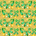 Variety of green and yellow zucchini watercolor illustration seamless pattern