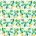 Variety of green and yellow zucchini watercolor illustration seamless pattern