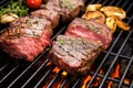 variety of grilling steaks on a hot charcoal barbeque