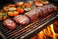 variety of grilling steaks on a hot charcoal barbeque