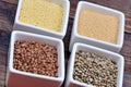 Variety groats in a bowls on table