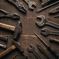 A variety of hand tools are arranged in a circular composition against a rustic wooden Royalty Free Stock Photo