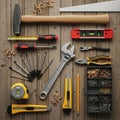 Assorted Hand Tools and Hardware Organized on Rustic Wooden Surface Royalty Free Stock Photo