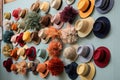 a variety of hats organized by color on a wall display