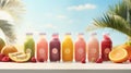 Variety of of healthy fruit smoothies in bottles on wooden table with tropical beach background Royalty Free Stock Photo