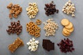 Variety of healthy snacks overhead shot