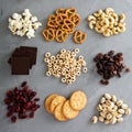 Variety of healthy snacks overhead shot