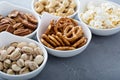 Variety of healthy snacks in white bowls Royalty Free Stock Photo