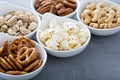 Variety of healthy snacks in white bowls Royalty Free Stock Photo