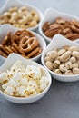 Variety of healthy snacks in white bowls Royalty Free Stock Photo