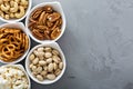 Variety of healthy snacks in white bowls Royalty Free Stock Photo