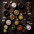 A variety of herbs and spices in the jars. Some seeds and ingredients on the table. Top view. Generative AI