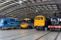 A variety of historic trains on display at Locomotion museum in Shildon, County Durham, UK