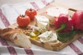 Variety of home made cheese and paprica and herbs,olive oil, olives and bread on a wooden board.brined curd white cheese Royalty Free Stock Photo