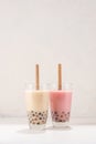 Variety of homemade bubble tea/ boba tea with tapioca pearls on white background Royalty Free Stock Photo