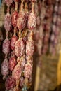 Variety of homemade dried salami sausages hanging in butchery shop in Parma, emilia Romagna, Italy