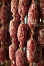 Variety of homemade dried salami sausages hanging in butchery shop in Parma, emilia Romagna, Italy