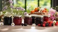 assortment of jams, seasonal berries, plums, mint and fruits Royalty Free Stock Photo