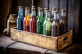 variety of homemade soda bottles in a rustic wooden crate