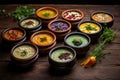 variety of homemade soups in individual bowls