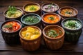 variety of homemade soups in individual bowls